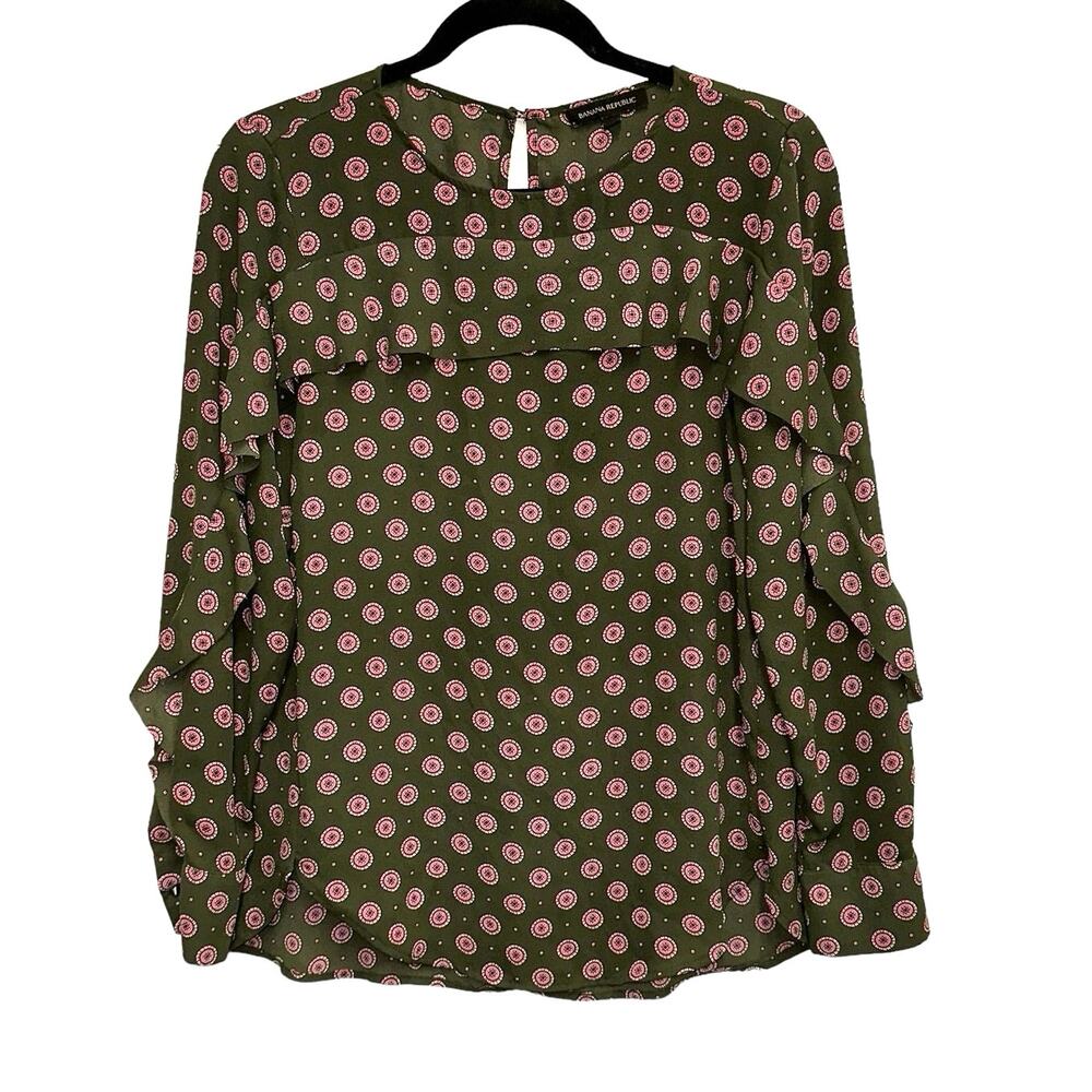 Banana Republic Green Printed Blouse XS Ruffle Yoke Long Sleeve Boho Top